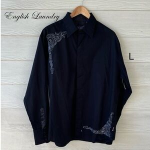 English Laundry Embroidered Black Dress Shirt – Hidden Button Placket Size Large